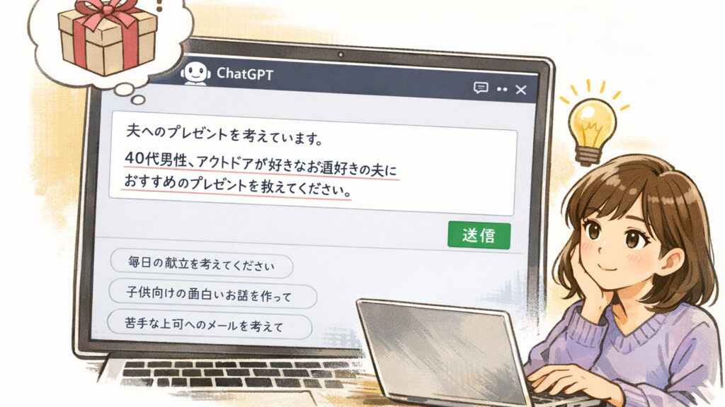 ChatGPTのチャット画面にプレゼント相談のプロンプトを入力している30代女性のイラスト