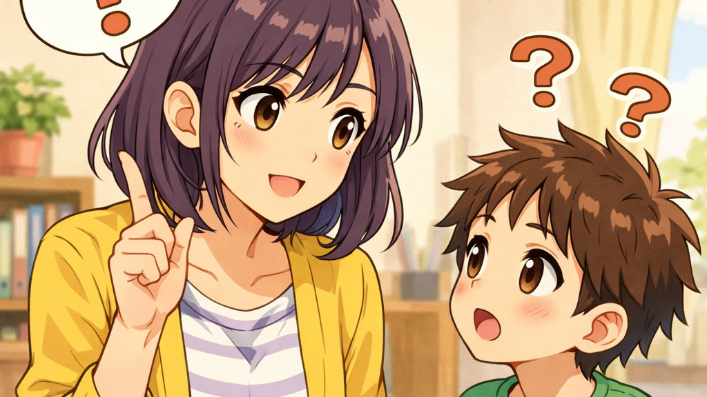 甥っ子と会話しながら疑問符を浮かべて考える女性