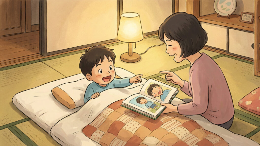 布団の中で絵本の読み聞かせを聞き、自分が主人公の物語だと気づいて嬉しそうに指をさす男の子のイラスト。温かい照明の和室で、おばさんと一緒に絵本を見ながら笑い合っている。