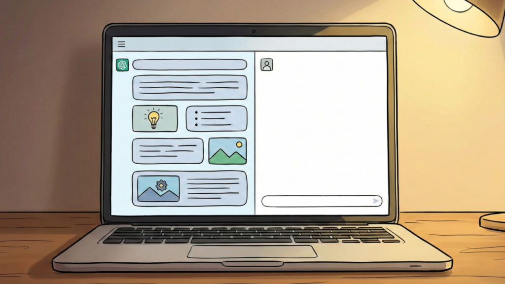 ノートパソコンの画面に表示されたChatGPTのチャット画面のイラスト。テキストだけでなく、関連する画像やアイコンがバランスよく配置され、視覚的に非常に分かりやすく整理された回答が表示されている。