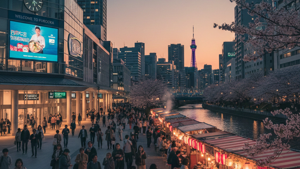 福岡の那珂川沿いに並ぶ屋台の夜景イメージ。AIで作成した旅行のしおり用イラスト。