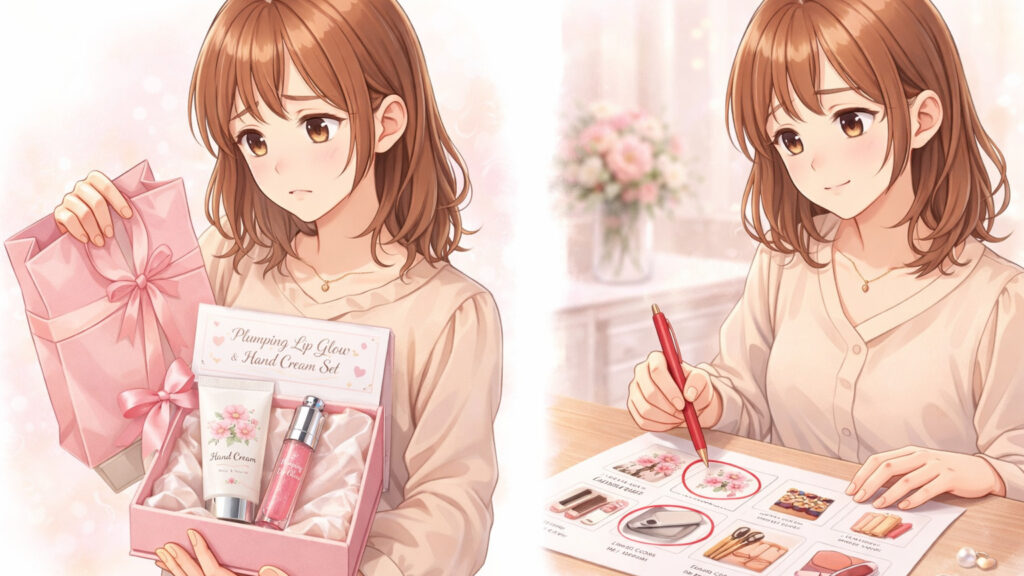 リップとハンドクリームのギフトセットを手に不安そうに考えつつ、候補リストに丸を付けて最終決定する女性のイラスト