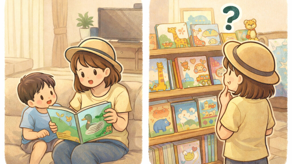 実家で帰省中の大人が子どもに絵本を読み聞かせたり、本棚の前でどれを読むか悩んでいる様子