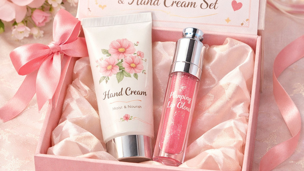 ピンクの箱に入ったリップグロウとハンドクリームのギフトセットのイラスト