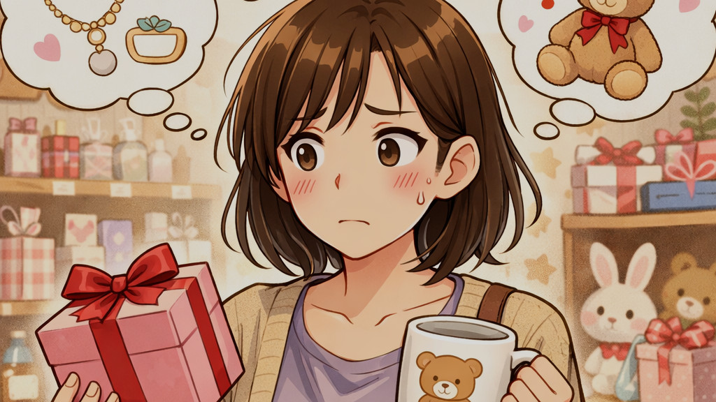 ショッピングモールでプレゼント候補を手に取り、どれにするか悩んでいる30代女性のイラスト