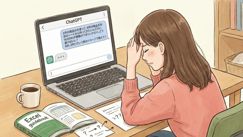 エクセル作業に悩むすみれが、パソコンでChatGPTの画面を開き、関数の書き方について具体的なプロンプトを入力して質問しているイラスト