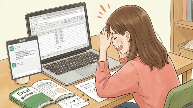エクセルの表に正しいデータが入力された画面を見て、ほっとした表情で喜ぶすみれのイラスト。パソコンの隣には解決策を提示したAIのチャット画面が表示されている。