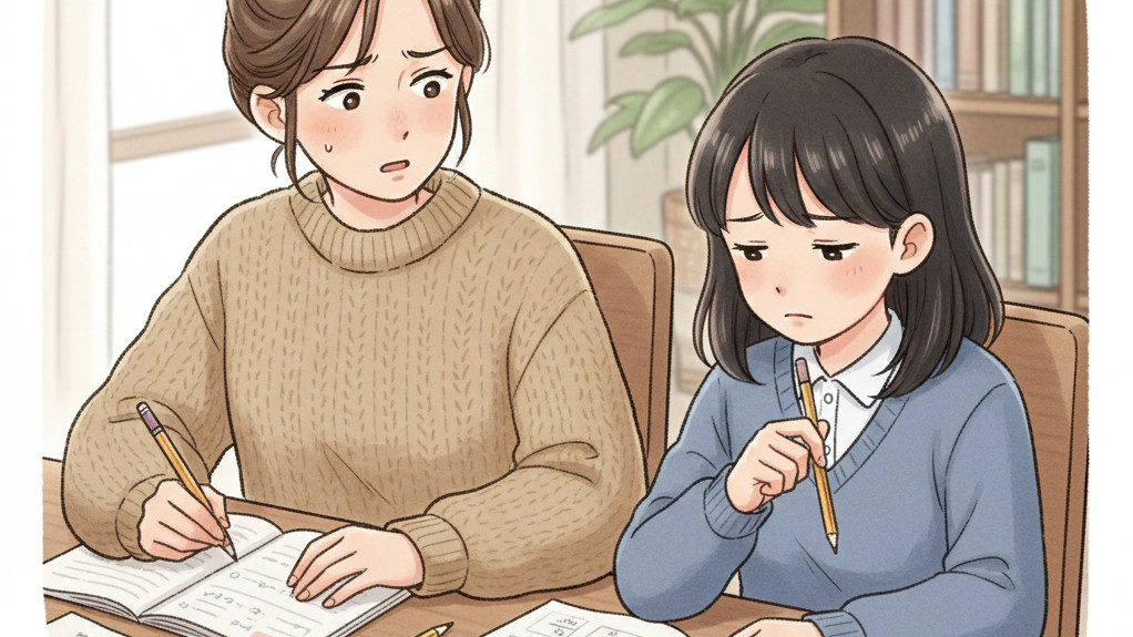 机に向かって算数の宿題に悩む小学生の女の子と、教え方に困っている母親の様子