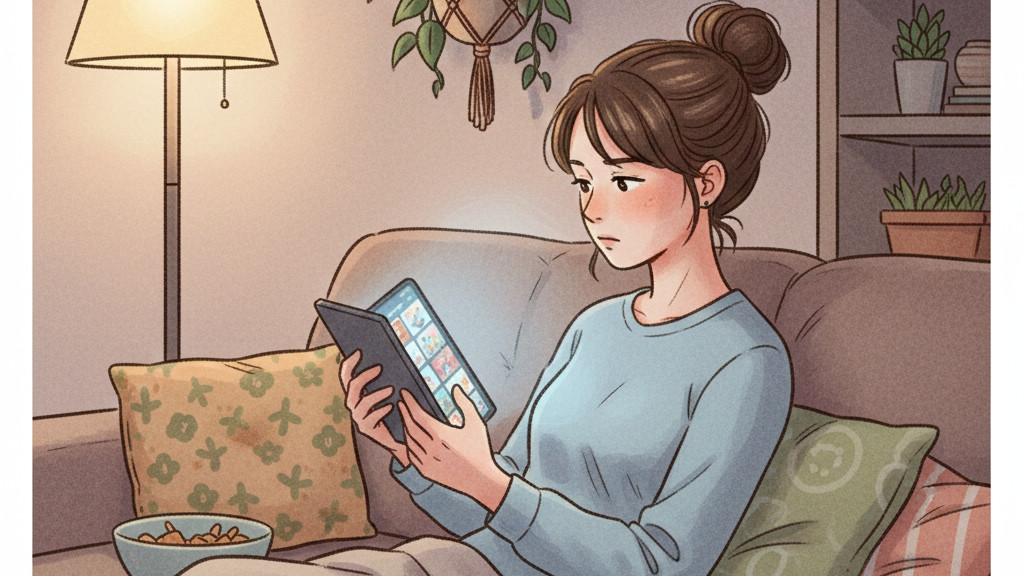 リモコンを片手に、配信サービスの画面を見ながら「次に見る映画」が決まらずに悩む女性の様子