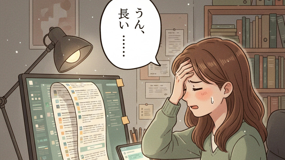 パソコン画面に表示された膨大な量の議事録を前に、『うん、長い……』と頭を抱えてため息をつくすみれのイラスト。デスクには未処理の書類が山積みになっている。