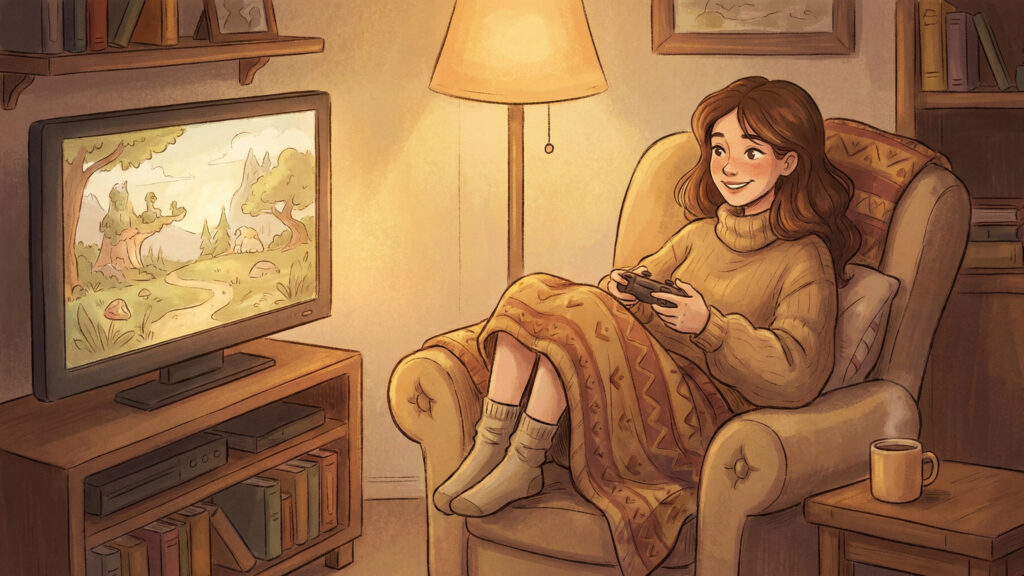 暖かな照明のリビングで、ソファに座りブランケットにくるまりながらリラックスしてテレビゲームを楽しんでいるすみれのイラスト。手にはコントローラーを持ち、穏やかな表情で画面を見つめている。