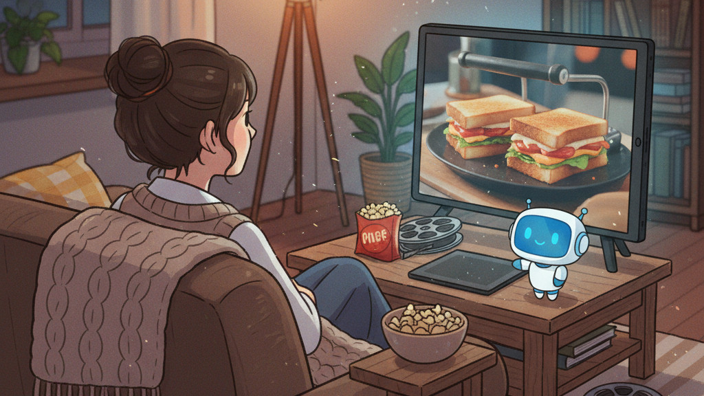 AI（ChatGPT,Gemini）に提案された映画を自宅で鑑賞して楽しむ女性のイラスト