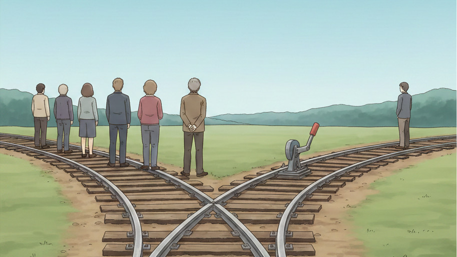 二股に分かれた線路のイラスト。左側の線路には5人の人物が、右側の線路には1人の人物が立っており、中央の手前には進路を切り替えるための赤いレバーが設置されている。